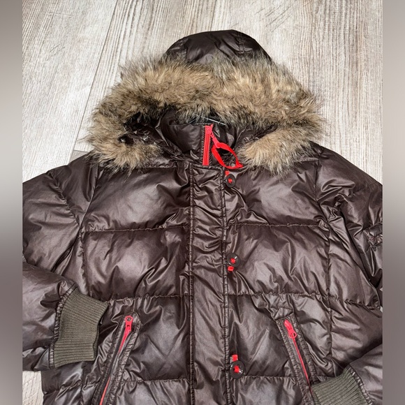Vintage GAP brown Down puffer hooded fur collar parka jacket winter coat XL - Picture 2 of 15